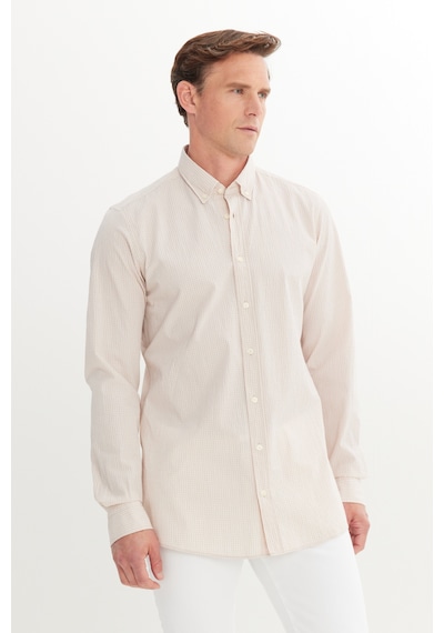 AC&Co / Altınyıldız Classics Erkek Beyaz Bej Pamuklu Slim Fit Dar Kesim Düğmeli Yaka Kareli Gömlek Beyaz Bej