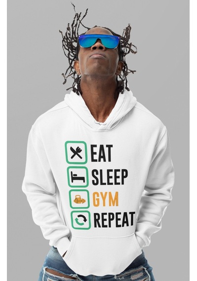 Sevbano Eat Sleep Gym Repeat Bodybuilding Fitness Gym Baskılı Unisex Over beyaz