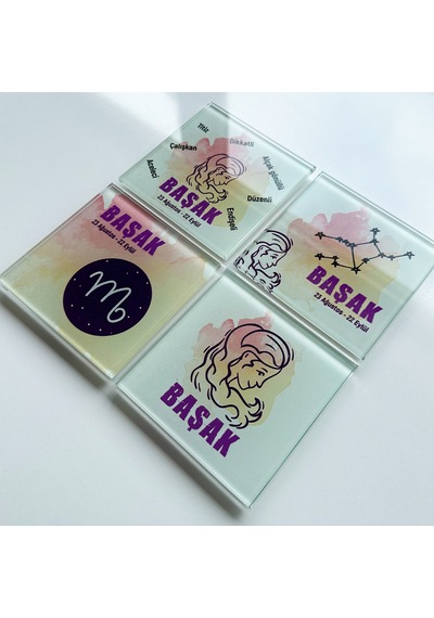 Cam Bardak Altlığı Burçlar - Başak Burcu 4'lü Takım 10cm X Beyaz