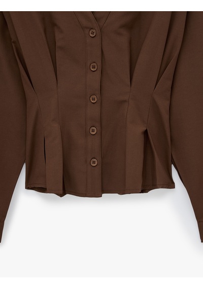 Koton Slim Fit Düğmeli Uzun Kollu V Yaka Poplin Gömlek Kahverengi 7wak60103uw Kahve