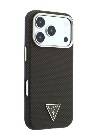 Apple iPhone Uyumlu 18 Pro Kılıf Guess Lisanslı M-safeli Pu Metal Üçgen Logolu Karbon Fiber Kevlar Kahverengi