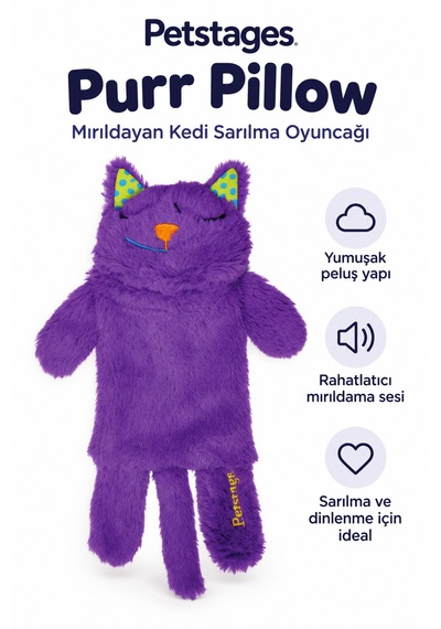 Petstages Hırıltı Sesli Purr Pillow Mırıldayan Kedi Peluş Sarılma Oyuncağı - Sesli Ve Titreşimli