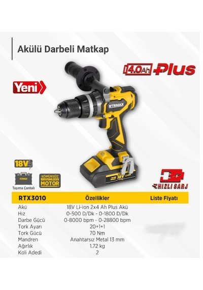 Rtrmax RTX3010 Akülü 80 NM 2 x 4AH Plus Akü Darbeli Matkap