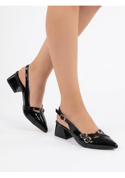 Asmi Shoes Kadın Jela Siyah Rugan 4 Cm Kısa Topuklu Tokalı Ayakkabı