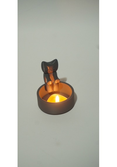 Isınan Sevimli Kedi Mumluk - Dekoratif Biblo Ve 3d Maket Obje 7cm Gri