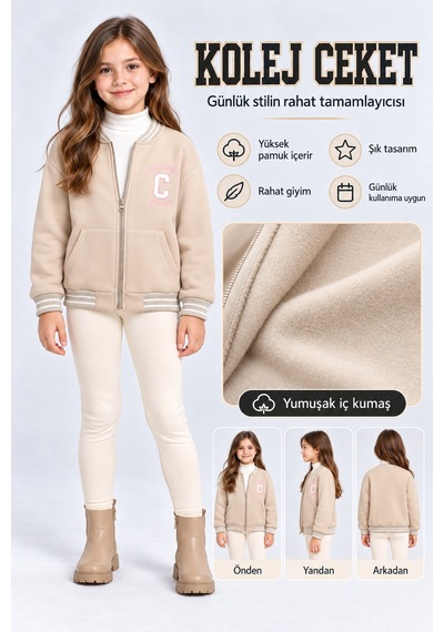 Ahengim Kız Çocuk Fermuarlı Kolej Ceket Cepli Nakış Detaylı Uzun Kollu Sweatshirt Ak26690 KREM