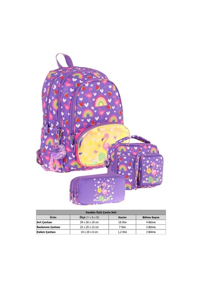Kaukko Kids Kız Çocuklara Özel Mor Pembe - Flamingo Nakışlı Ve Baskılı Üçlü Okul Çantası Seti Mor - Pembe