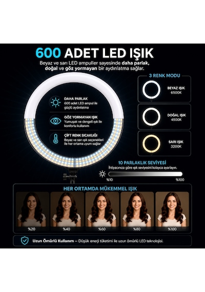 Döküm Ayaklı 22 Inç 600 Led Tripod Rıng Lıght Işık Influencer Youtuber Işığı Güzellik Makyaj Led Zb-f488