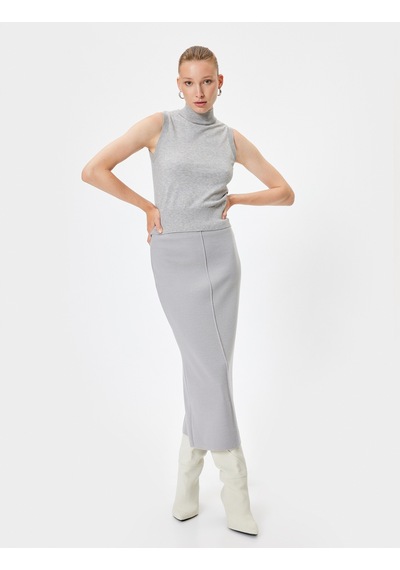 Koton Midi Boy Slim Fit Standart Bel Kalem Triko Etek Gri 5wak10037ek Gri