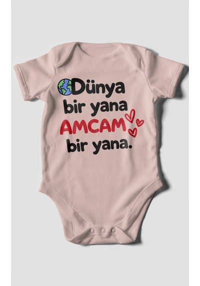Morivokids Dünya Bir Yana, Amcam Bir Yana Kısa Kollu Bebek Body %100 Pamuk Zbn170-kk Pastel Pembe