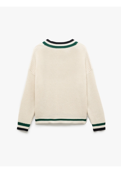 Koton Uzun Kollu V Yaka Çizgili Triko Oversize Kazak Ekru 5sak90043ht Ekru
