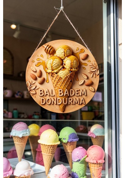 Bal Badem Dondurma Görselli İpli Ahşap Kapı Ve Duvar Süsü, Cafe, Dondurmacı Tabelası, Tatlıcı Dekoru
