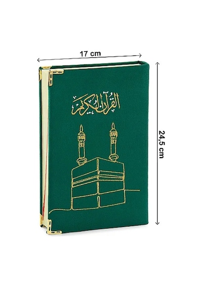 Kadife Kaplı Kabe Desenli Nakışlı Kuranı Kerim - Orta Boy - Yeşil