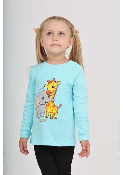 Toontoy Kız Çocuk Zürafa Fil Baskılı Sweatshirt Turkuaz
