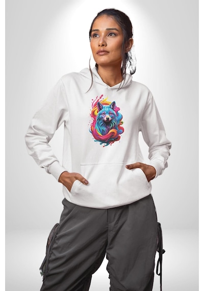 Renkli Kurt Kadın Erkek Beyaz Kapüşonlu Sweatshirt Hoodie Beyaz