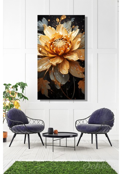 Panoramik Dikey Kanvas Tablo Tekli Salon Mutfak Yatak Odası Ofis Gold Efekt Lotus Nilüfer Çiçek 1233 Çok Renkli