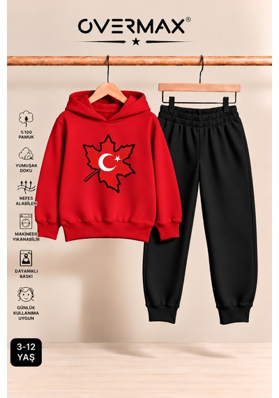 Overmax Türk Bayrağı Baskılı Kapüşonlu Sweatshirt Eşofman Takımı- 3-12 Yaş Kırmızı Üst-siyah Alt - 929479938 Kırmızı Üst-siyah Alt