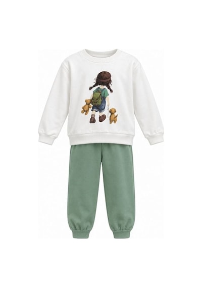 Zekids Kız Çocuk Ekru Baskılı Sweatshirt Ve Yeşil Jogger Eşofman Takımı-17434 Beyaz