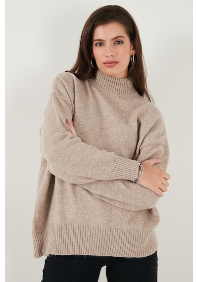 Lela Premium Oversize Fit Balıkçı Yaka Yumuşak Dokulu Triko Bayan Kazak 680Kz00469 Vizon
