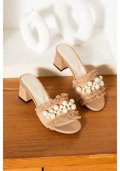 Dabab Shoes Nubıa Kadın İnci Detaylı Hasır Topuklu Taba Terlik Sandalet