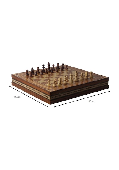 El Yapımı Lüks Nakış İşlemeli Doğal Ahşap Sandıklı Premium Satranç Takımı 45x45 Cm. Hediyelik Set 1