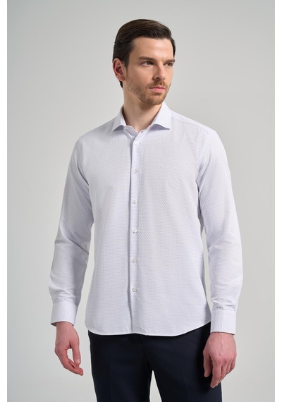 İmza Uzun Kol Desenli Armürlü İtalyan Yaka Cepsiz Pamuklu Classic Slim Fit Gömlek 1004250196 Mavi