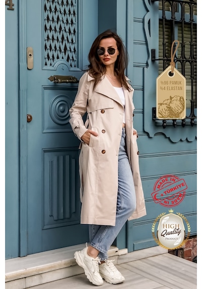 Pastelastore Esnek Pamuk Gabardin Uzun 110cm Astarsız Kadın Trençkot 1117 Taş Rengi Taş