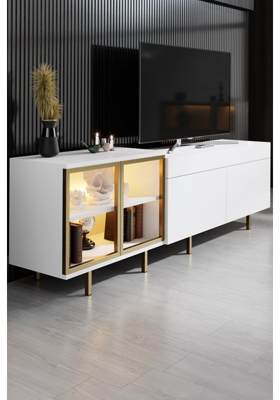 Vienna Gold Demir Ayaklı Rgb Led Işık Sistemli Beyaz Tv Ünitesi Tv Sehpası Antrasit - Altın Vienna Gold Demir Ayaklı Rgb Led Işık Sistemli Beyaz Tv Ünitesi Tv Sehpası Antrasit - Altın