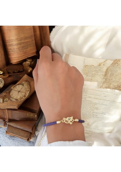 Archin R Harfine Özel Doğal Mor Derili 14 Ayar Altın Plakalı Kuş Motifli Hediye Bileklik-416harf R