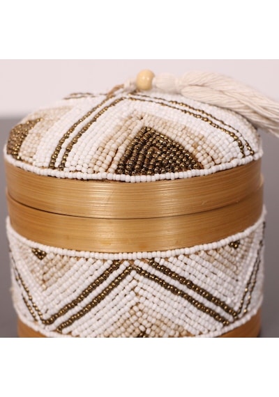 Bali Boncuklu Bambu Saklama Kutusu 12x14 Cm Beyaz