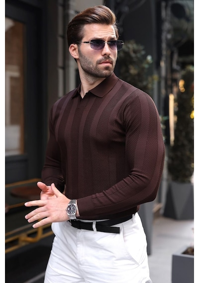 Madmext Kahverengi Regular Fit Polo Yaka Triko Erkek Kazak E7509