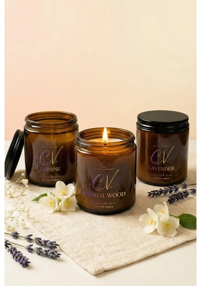 3 Lü Amber Cam Kavanoz Aromaterapi Mum Seti Yasemin-sandal Ağacı-lavanta Amber