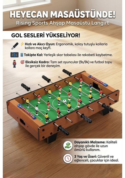 Ahşap 2 Kişilik Masaüstü Langırt 6 Kollu 2 Toplu 51cm Skor Tabelalı Eğlenceli Futbol Oyunu