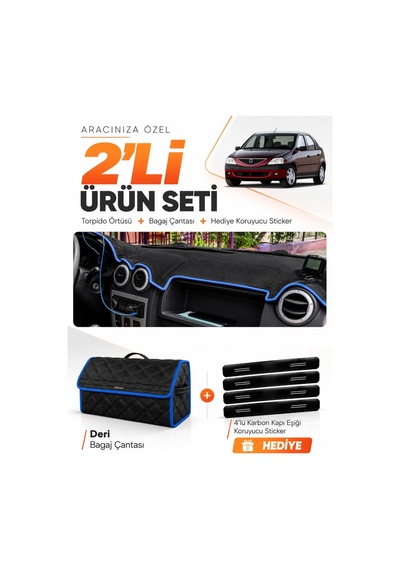 E-biz Dacia Logan 1 2004-2008 Uyumlu Torpido Örtüsü + Deri Bagaj Çantası Seti - Siyah-mavi - Da006