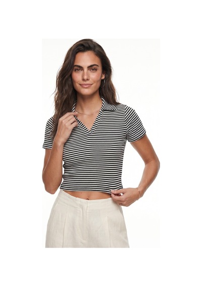 Onloox Kadın Siyah Siyah Beyaz Pamuklu Likralı Kaşkorse Polo Yaka Crop Çizgili Kısa Kollu Basic T-shirt