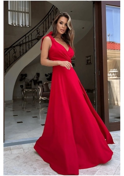 De'charme Kadın Askılı Omuzdan Bağlamalı Kruvaze Yakalı Uzun Yırtmaçlı Janjan Krep Elbise Kırmızı