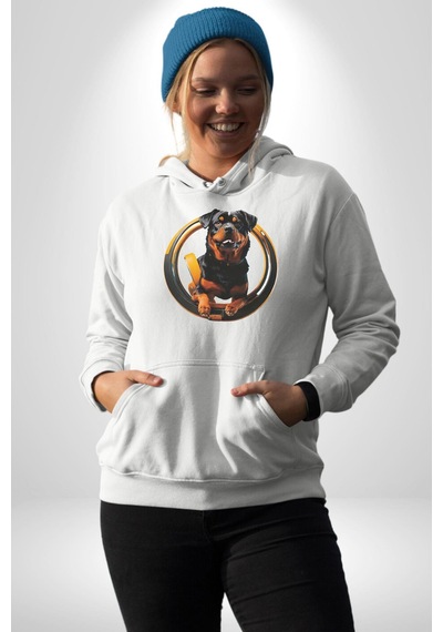 Süper Tasma Rottweiler Eğitim Kadın Erkek Beyaz Kapüşonlu Sweatshirt Hoodie Beyaz