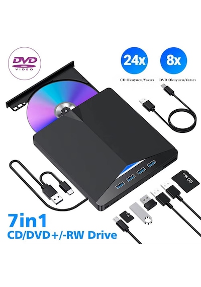 Çok Fonksiyonlu Harici Cd Dvd Sürücü 7 In 1 Harici USB 3.0 Type-c Yazıcı Okuyucu Laptop Mac Win