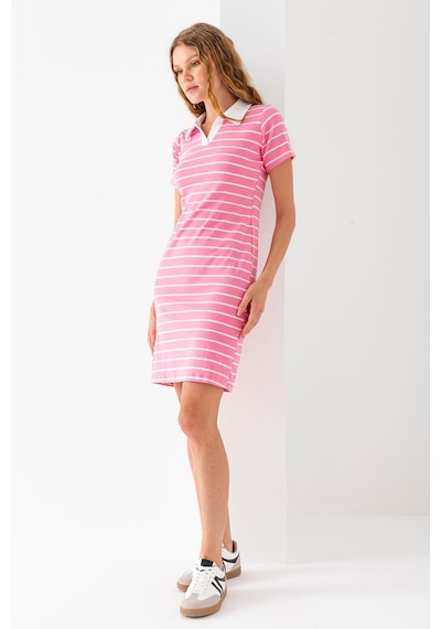 Giysa Kadın Polo Yaka Kısa Kollu Çizgili Elbise Pembe Beyaz - 25538 Pembe - Beyaz