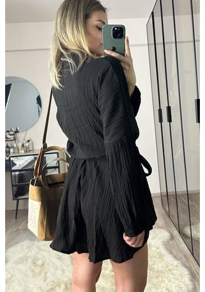 Fashion Cocktail Uzun Kol Casual Kabartma Kumaş Yakalı Düğmeli Boyfriend Gömlek Stil Şortlu Tulum Siyah Fashion Cocktail Uzun Kol Casual Kabartma Kumaş Yakalı Düğmeli Boyfriend Gömlek Stil Şortlu Tulum Siyah