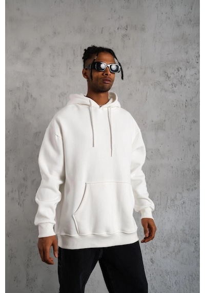Barlashive Erkek 3 İplik Pamuklu Kapüşonlu Kanguru Cepli Sweatshirt Hoodie - Beyaz Çok Renkli