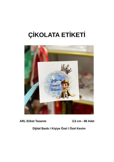 Sünnet Hatırası Prens Model Çikolata Etiketi 35mm 88 Adet - Arl Etiket Tasarım Beyaz