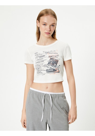 Koton Crop Baskılı Tişört Kısa Kollu Bisiklet Yaka Slim Fit Pamuklu Ekru 4sal10916ık Ekru