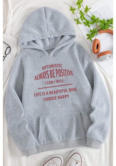 Unisex Always Be Positive Baskılı Sweatshirt Gri
