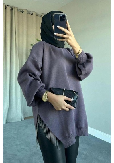 De Pose Yarı Zincirli Tesettür Triko Kazak Mürdüm