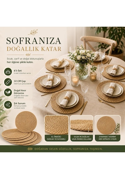 Tr Hasır Supla 6'li Set - 32 Cm Yuvarlak Amerikan Servis - Doğal Hasır Görünümlü El Örgüsü Supla Takımı - Ru Diğer