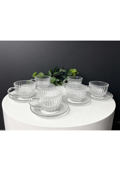 Çnr Home Collection 6'lı Cam Fincan Seti - Zarif Desenli Cam Bardak Takimi Şeffaf