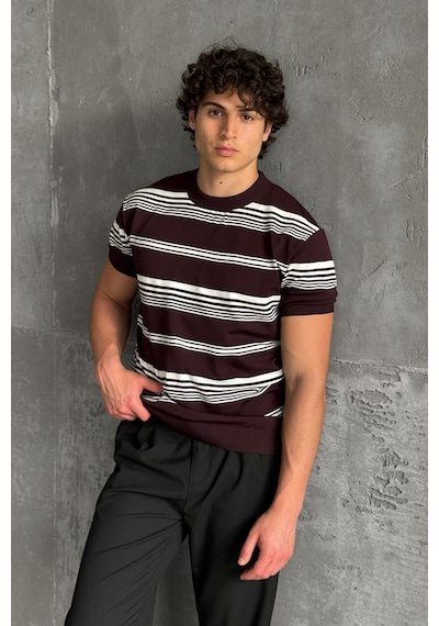 Erkek Bisiklet Yaka Oversize Çizgili Triko T-shirt Bordo