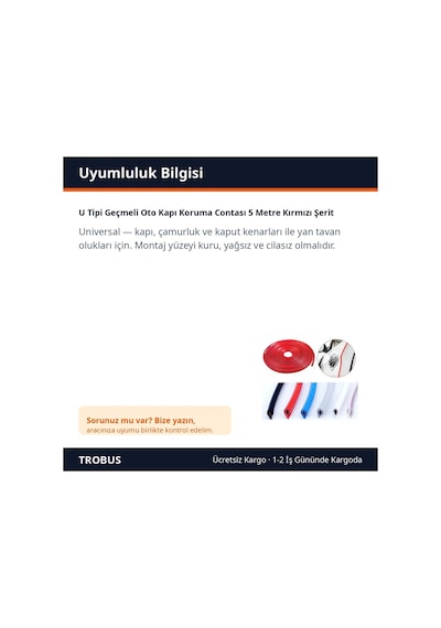 Trobus U Tipi Geçmeli Oto Kapı Koruma Contası 5 Metre Kırmızı Şerit