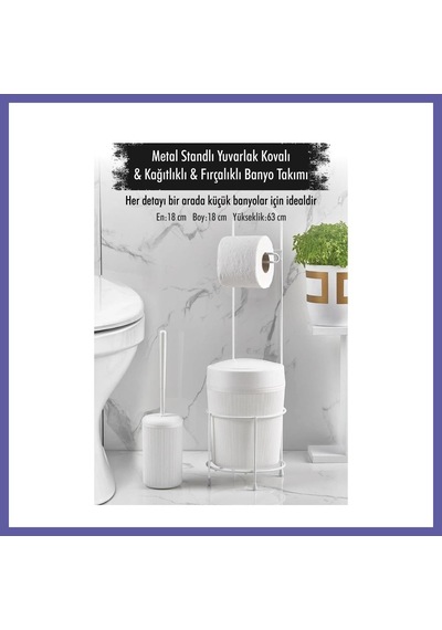 Bezos Metal Standlı Yuvarlak Kovalı & Kağıtlıklı & Fırçalıklı Beyaz Banyo Takımı Nıda